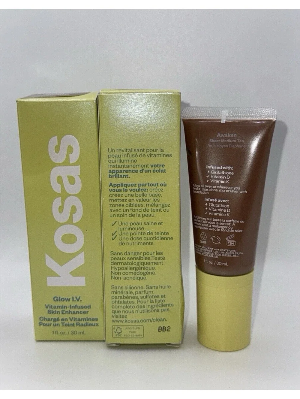 2 Kosas Glow I.V. Vitamin-Infused Skin Awaken 1 fl oz Sheer Medium Tan